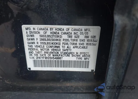 2005 Honda Pilot Lx from USA, damaged, VIN 2HKYF18125H549987